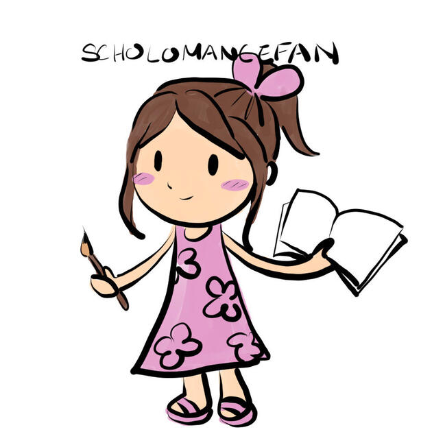 A girl in pink holding a brush and a book.