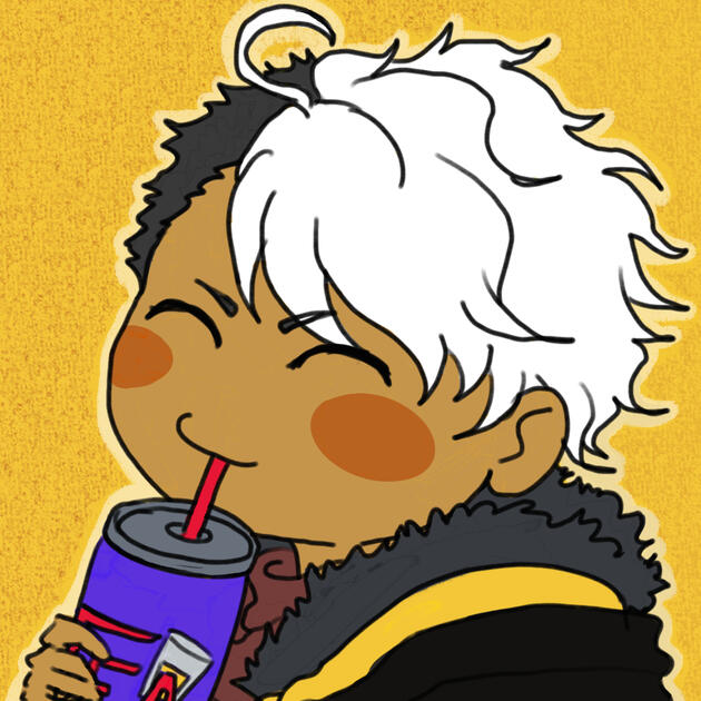 Closed-eyed smiling chibi sipping on a can with a straw.