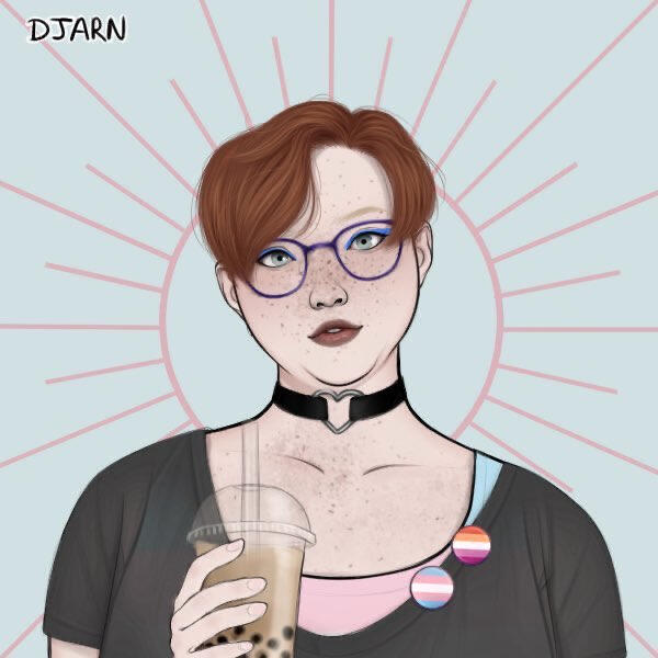a piccrew of a plus sized person with pale skin, freckles, and glasses. He has short hair, a heart choker, a trans color binder, trans and lesbian flag buttons and boba in a cut
