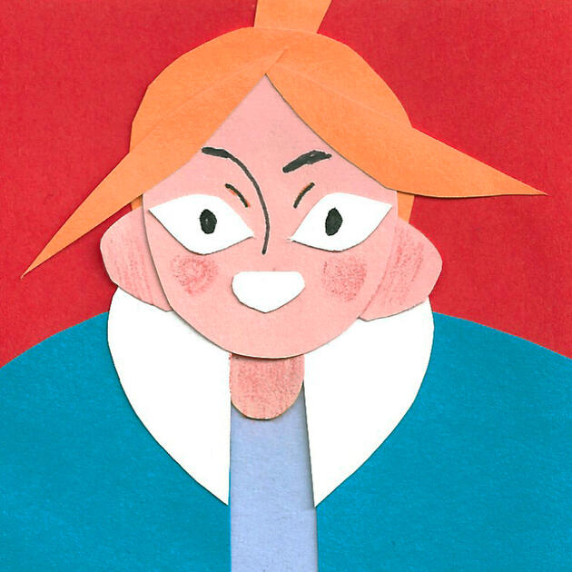 Paper cut girl with a orange hair in a bun and side bangs, wearing a blue bomber jacket